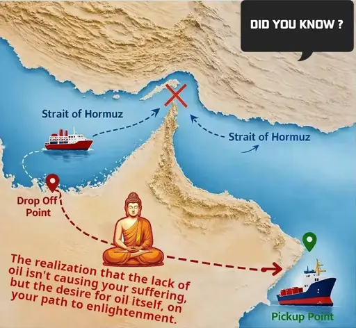 Straight of Hormuz, with Buddha imposed, text: The realization that the lack of oil isn't causing your suffering, but the desire for oil itself, on your path to enlightenment.